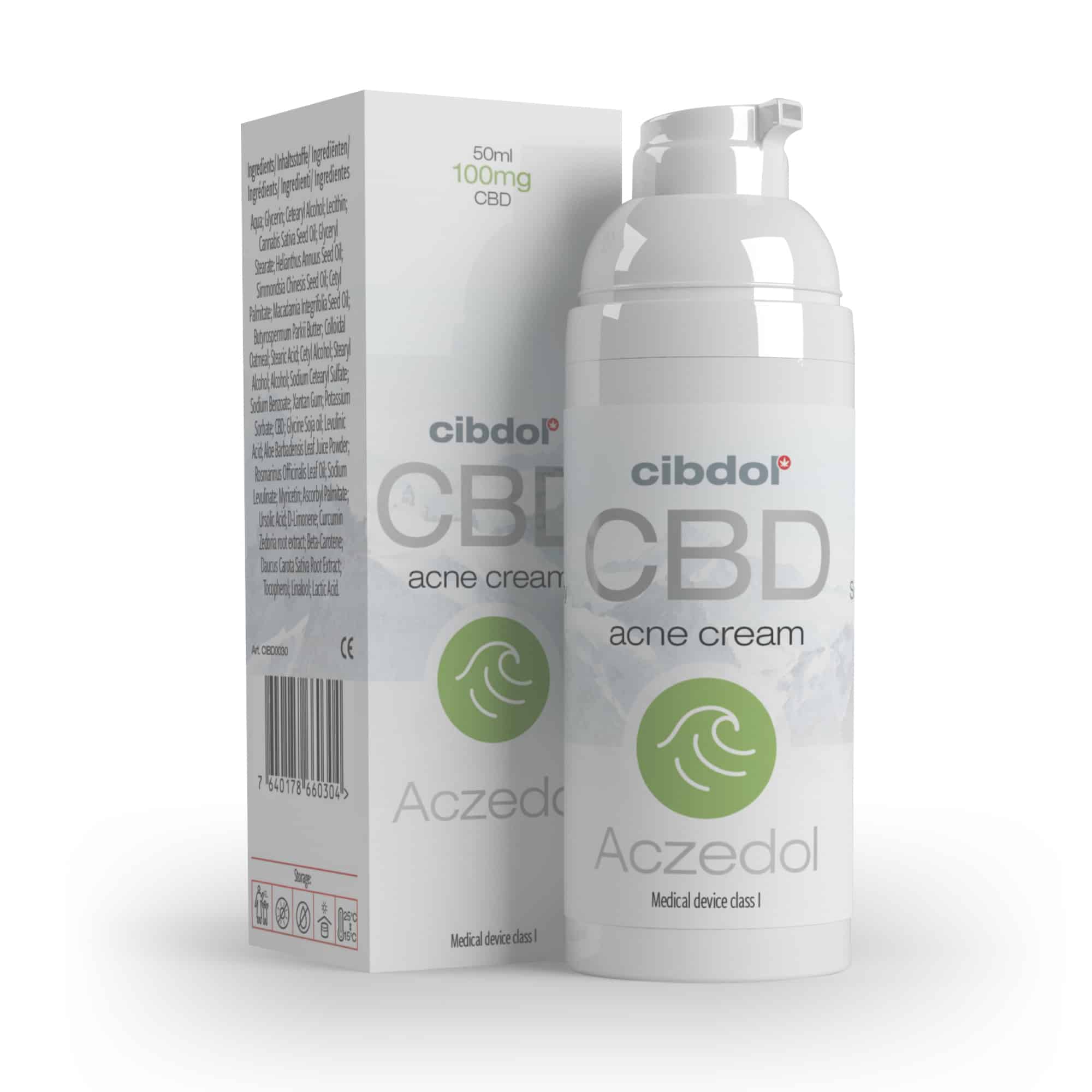 Aczedol, zuiverende CBD crème (tegen puisjes) met doosje.