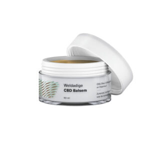 Een potje Weldadige CBD balsem van Hemptouch (50 ml) op een witte achtergrond.