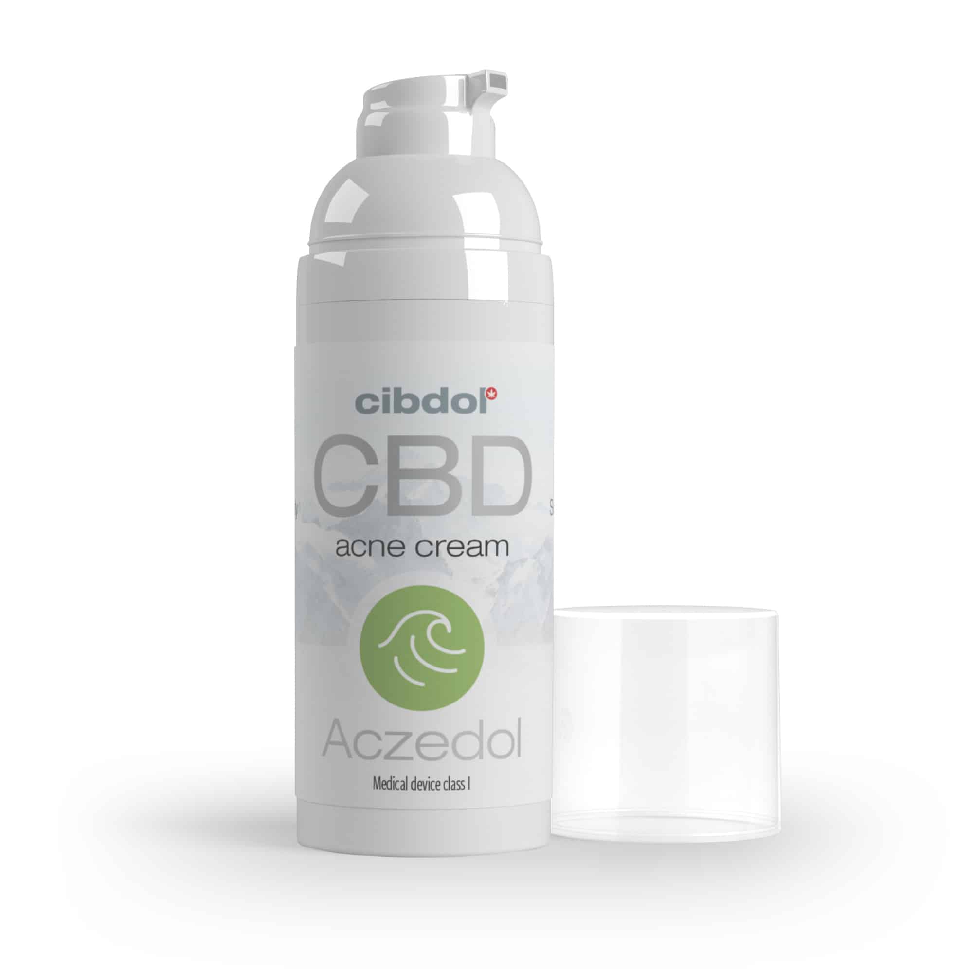 Aczedol, zuiverende CBD crème (tegen puisjes) met een witte achtergrond.