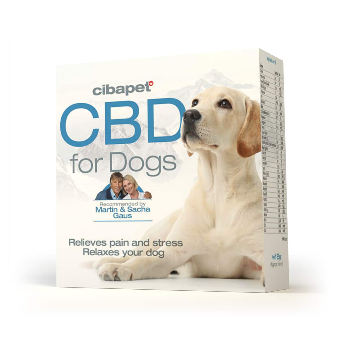 Een doosje CBD-pastilles voor honden (3,2 mg).