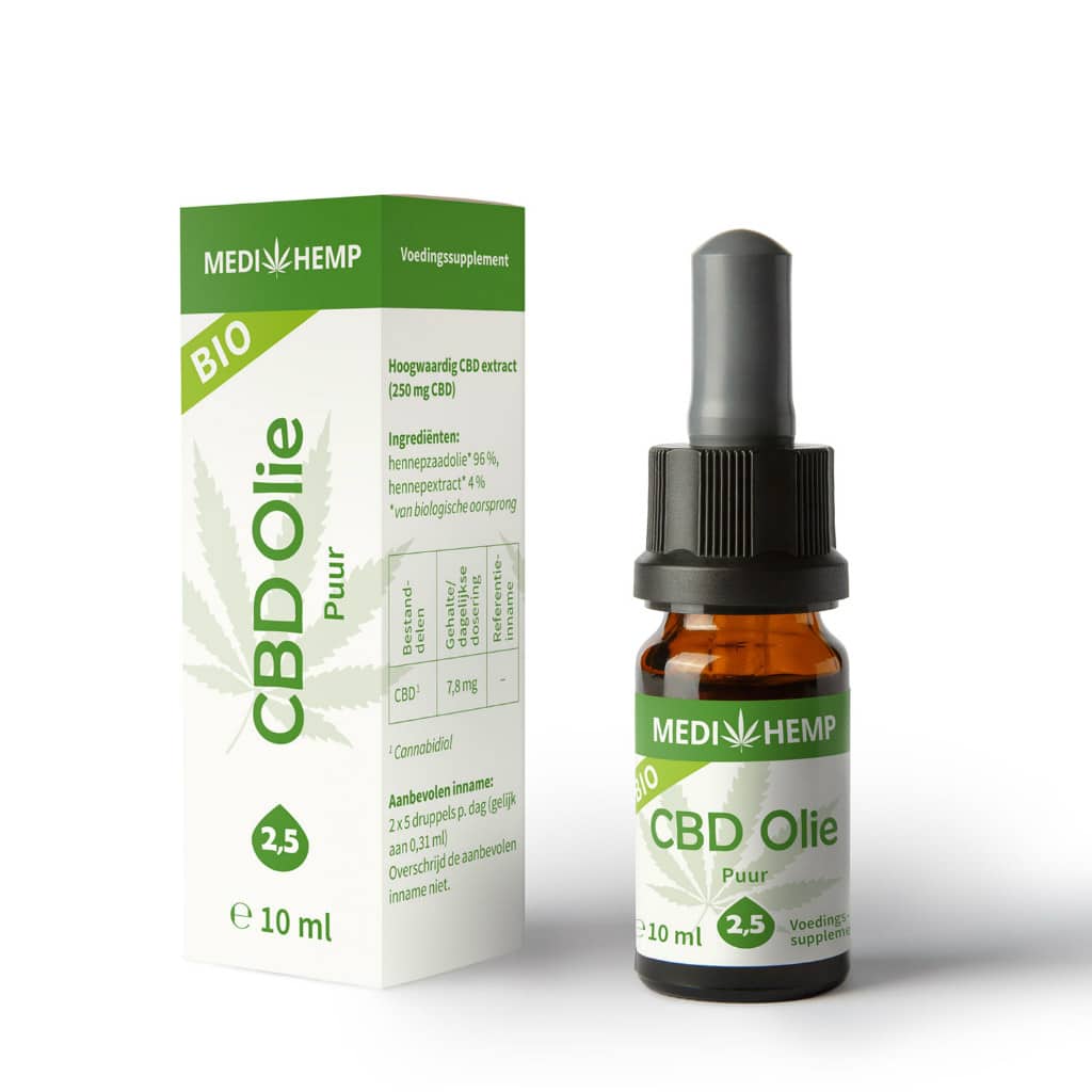 Medihemp CBD Olie Puur 2,5% (10ml) met doosje en doosje.