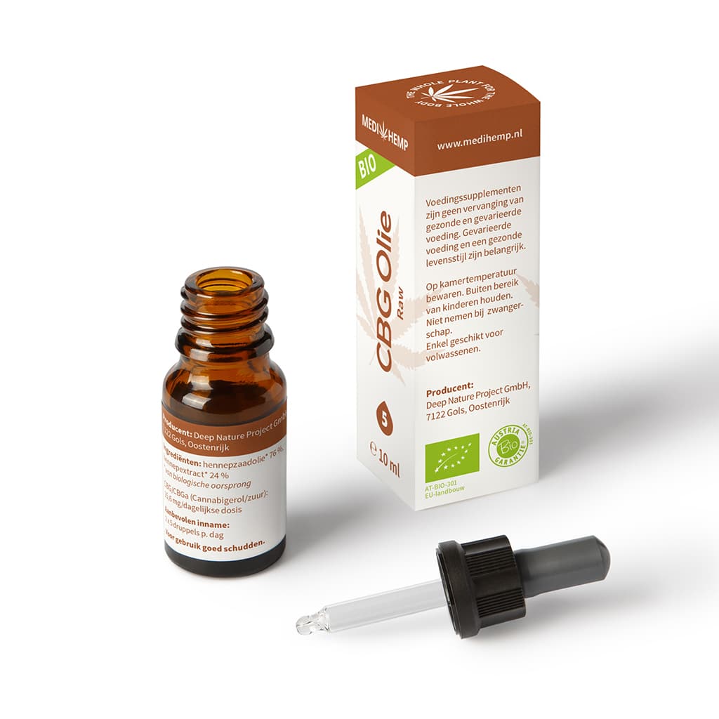 Een flesje Medihemp – 5% CBG olie – naturel smaak – 10ml naast een doosje.