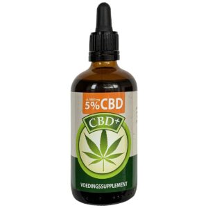 Een flesje Jacob Hooy CBD Olie 5% (100 ml) op een witte achtergrond.