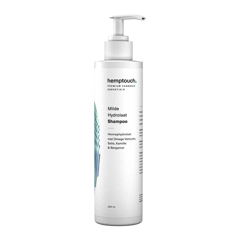 Een flesje Milde Hydrolaat Shampoo en Douchegel van Hemptouch (250ml) op een witte achtergrond.