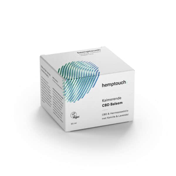 Een doos Kalmerende CBD-balsem Hemptouch (50 ml) op een witte achtergrond.