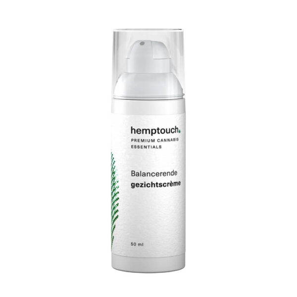 Een flesje Balancerende gezichtscrème met CBD van Hemptouch (50ml) op een witte achtergrond.