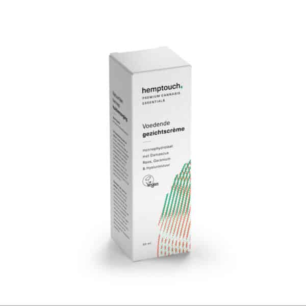 Een doosje Voedende gezichtscrème met CBD van Hemptouch (50 ml) op een witte achtergrond.