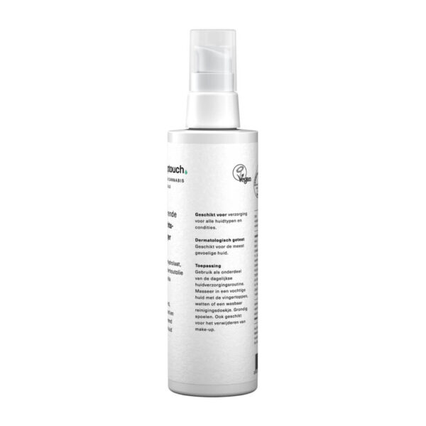 Een flesje Zuiverende gezichtsreiniger van Hemptouch (100 ml) op een witte achtergrond.
