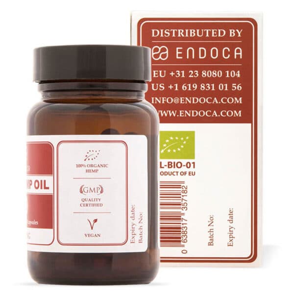 Een flesje Endoca CBD Capsules 15% (30 stuks) met een doosje ernaast.