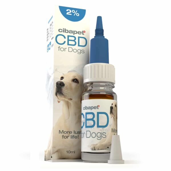 Een flesje Cibapet 2% olie voor honden (10ml) naast een doos.