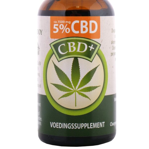 Een flesje Jacob Hooy CBD Olie 5% (30ml) met etiket erop.