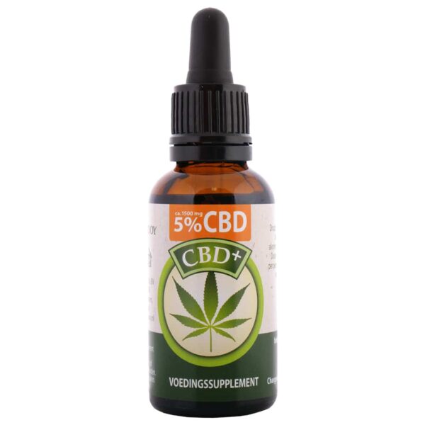 Een flesje Jacob Hooy CBD Olie 5% (30 ml) op een witte achtergrond.