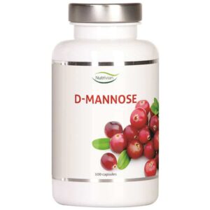 Een fles Nutrivian D-Mannose (50 stuks) met veenbessen.